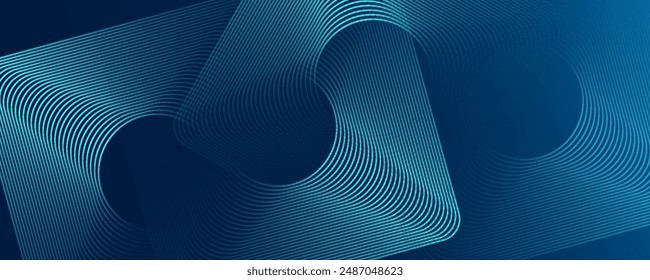 Abstract blue glowing geometric lines on dark background. Modern shiny blue rounded square lines pattern. Futuristic technology concept. Suit for poster, cover, banner, presentation, website, flyer