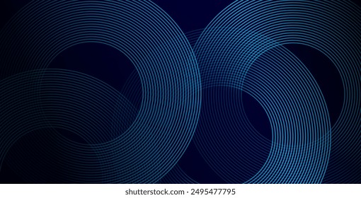 Abstract blue glowing geometric lines on dark blue background. Modern shiny blue circle lines pattern. Futuristic technology concept. Suit for cover, poster, banner, brochure, header, website