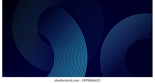Abstract blue glowing geometric lines on dark blue background. Modern shiny blue circle lines pattern. Futuristic technology concept. Suit for cover, poster, banner, brochure, header, website