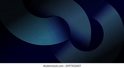 Abstract blue glowing geometric lines on dark blue background. Modern shiny blue circle lines pattern. Futuristic technology concept. Suit for cover, poster, banner, brochure, header, website