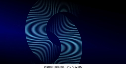 Líneas geométricas brillantes azules Abstractas sobre fondo azul oscuro. Moderno patrón de líneas de círculo azul brillante. Concepto de tecnología futurista. Traje para la cubierta, cartel, Anuncio, folleto, cabecera, Sitio web