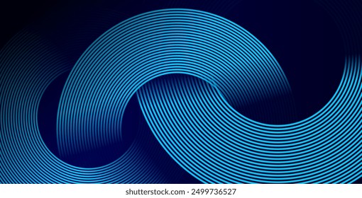 Líneas geométricas brillantes azules Abstractas sobre fondo azul oscuro. Moderno patrón de líneas de círculo azul brillante. Concepto de tecnología futurista. Traje para la cubierta, cartel, Anuncio, folleto, cabecera, Sitio web