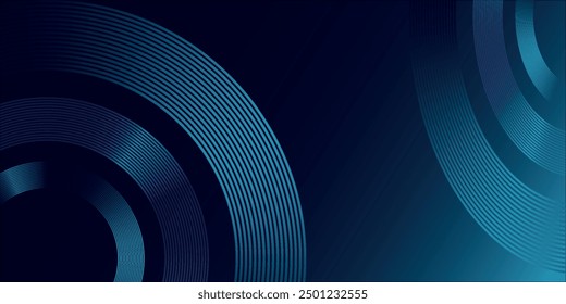 Abstract blue glowing geometric lines on dark blue background. Modern shiny blue circle lines pattern. Futuristic technology concept. Suit for cover, poster, banner, header, website	