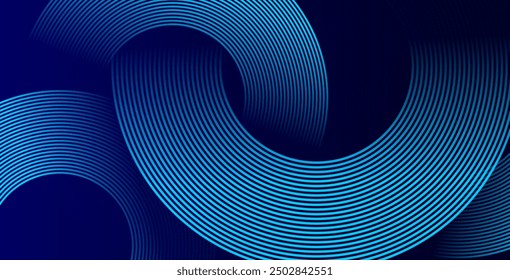 Abstract blue glowing geometric lines on dark blue background. Modern shiny blue circle lines pattern. Futuristic technology concept. Suit for cover, poster, banner, brochure, header, website
