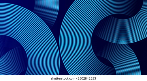 Líneas geométricas brillantes azules Abstractas sobre fondo azul oscuro. Moderno patrón de líneas de círculo azul brillante. Concepto de tecnología futurista. Traje para la cubierta, cartel, Anuncio, folleto, cabecera, Sitio web