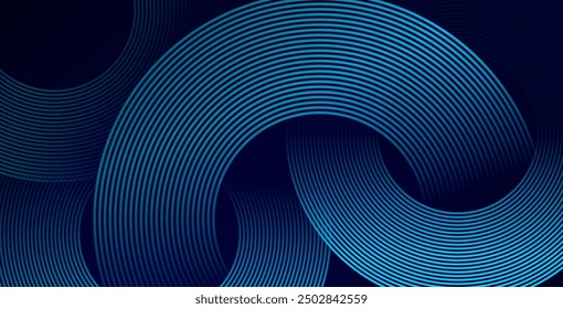 Líneas geométricas brillantes azules Abstractas sobre fondo azul oscuro. Moderno patrón de líneas de círculo azul brillante. Concepto de tecnología futurista. Traje para la cubierta, cartel, Anuncio, folleto, cabecera, Sitio web