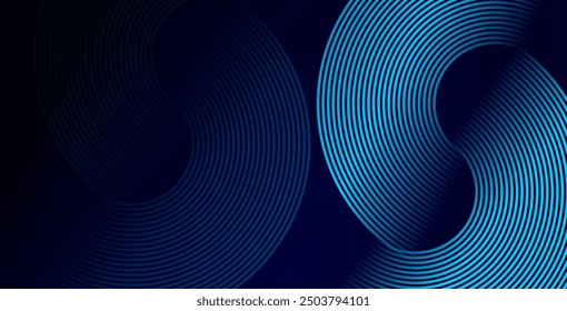 Líneas geométricas brillantes azules Abstractas sobre fondo azul oscuro. Moderno patrón de líneas de círculo azul brillante. Concepto de tecnología futurista. Traje para la cubierta, cartel, Anuncio, folleto, cabecera, Sitio web