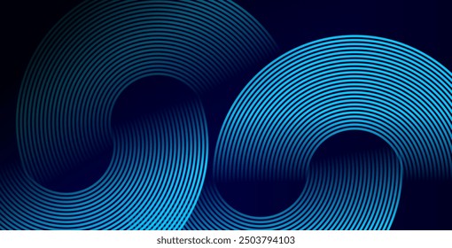 Líneas geométricas brillantes azules Abstractas sobre fondo azul oscuro. Moderno patrón de líneas de círculo azul brillante. Concepto de tecnología futurista. Traje para la cubierta, cartel, Anuncio, folleto, cabecera, Sitio web