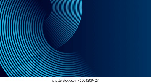 Abstract blue glowing geometric lines on dark blue background. Modern shiny blue circle lines pattern. Futuristic technology concept. Suit for cover, poster, banner, brochure, header, website