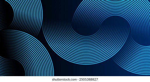 Abstract blue glowing geometric lines on dark blue background. Modern shiny blue circle lines pattern. Futuristic technology concept. Suit for cover, poster, banner, brochure, header, website