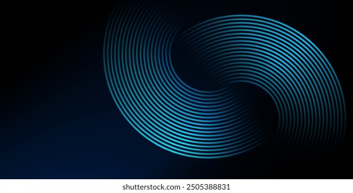 Abstrakte blaue leuchtende geometrische Linien auf dunkelblauem Hintergrund. Moderne glänzende blaue Kreislinien Muster. Futuristisches Technologiekonzept. Anzug für Cover, Poster, Banner, Broschüre, Header, Website