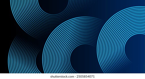 Abstract blue glowing geometric lines on dark blue background. Modern shiny blue circle lines pattern. Futuristic technology concept. Suit for cover, poster, banner, brochure, header, website