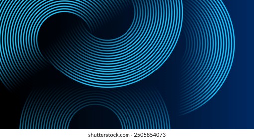 Abstract blue glowing geometric lines on dark blue background. Modern shiny blue circle lines pattern. Futuristic technology concept. Suit for cover, poster, banner, brochure, header, website