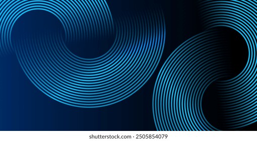 Abstract blue glowing geometric lines on dark blue background. Modern shiny blue circle lines pattern. Futuristic technology concept. Suit for cover, poster, banner, brochure, header, website