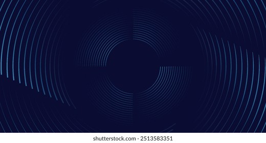 Líneas geométricas brillantes azules Abstractas sobre fondo azul oscuro. Moderno patrón de líneas de círculo azul brillante. Concepto de tecnología futurista.