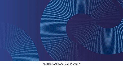 Abstract blue glowing geometric lines on dark blue background. Modern shiny blue circle lines pattern. Futuristic technology concept. Suit for cover, poster, banner, brochure, header, website