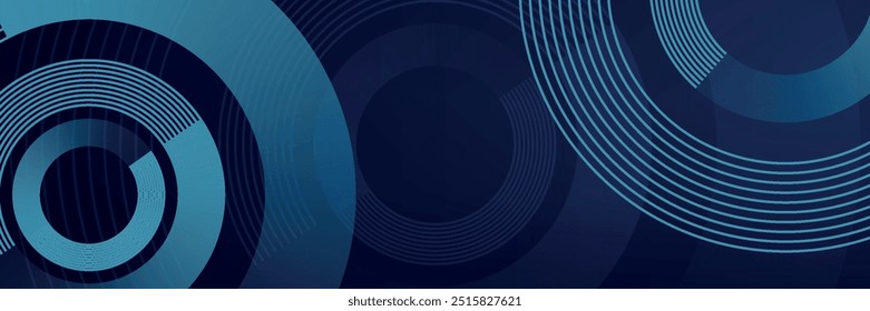 Abstract blue glowing geometric lines on dark blue background. Modern shiny blue circle lines pattern.