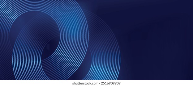 Abstract blue glowing geometric lines on dark blue background. Modern shiny blue circle lines pattern. Futuristic technology concept.