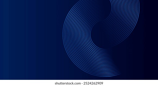 Líneas geométricas brillantes azules Abstractas sobre fondo azul oscuro. Moderno patrón de líneas de círculo azul brillante. Concepto de tecnología futurista. Traje para la cubierta, cartel, Anuncio, folleto, cabecera, Sitio web