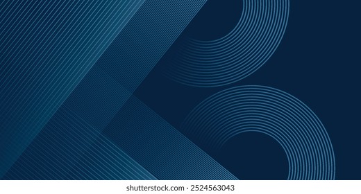 Abstract blue glowing geometric lines on dark blue background. Modern shiny blue circle lines pattern. Futuristic technology concept. 