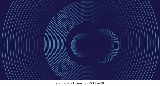 Linhas geométricas brilhantes em azul escuro no fundo. Padrão moderno de linhas de círculo azul brilhante. Conceito de tecnologia futurista. Terno para capa, cartaz,