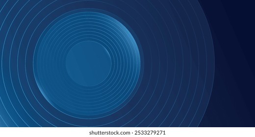 Linhas geométricas brilhantes em azul escuro no fundo. Padrão moderno de linhas de círculo azul brilhante. Conceito de tecnologia futurista. Terno para capa, cartaz,