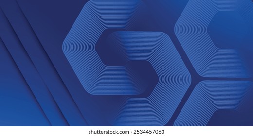Abstract blue glowing geometric lines on dark blue background. Modern shiny blue circle lines pattern. Futuristic technology concept. Suit for cover, poster, banner, brochure, header, website