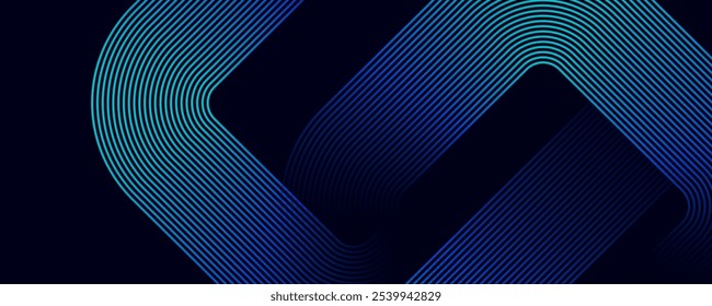 Linhas geométricas brilhantes em azul abstrato sobre fundo escuro. Padrão de linhas quadradas arredondadas azul brilhante moderno. Conceito de tecnologia futurista.