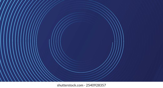 Abstrakte blaue leuchtende geometrische Linien auf dunkelblauem Hintergrund. Moderne glänzende blaue Kreislinien Muster. Futuristisches Technologiekonzept. Anzug für Cover, Poster, Banner, Header, Website. Vektorhintergrund