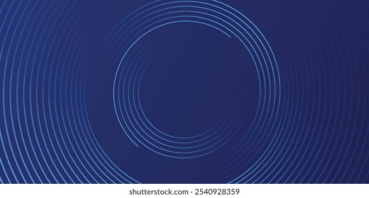 Líneas geométricas brillantes azules Abstractas sobre fondo azul oscuro. Moderno patrón de líneas de círculo azul brillante. Concepto de tecnología futurista. Traje para la cubierta, cartel, Anuncio, cabecera, Sitio web. fondo del Vector