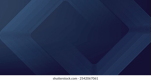 Abstrakte, blau leuchtende geometrische Linien auf dunklem Hintergrund. Modernes glänzendes blaues, abgerundetes quadratisches Linienmuster. Futuristisches Technologiekonzept. Anzug für Poster, Cover, Banner, Präsentation, Website, Flyer