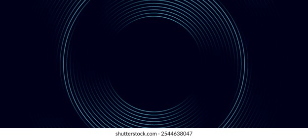 Abstract blue glowing geometric lines on dark blue background. Modern shiny blue circle lines pattern. Futuristic technology concept. Suit for cover, poster, banner, header, website.eps10