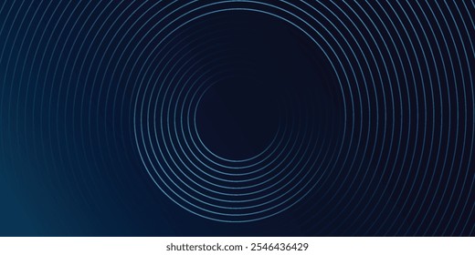 Abstract blue glowing geometric lines on dark blue background. Modern shiny blue circle lines pattern. Futuristic technology concept. Suit for cover, poster, banner, header, website.