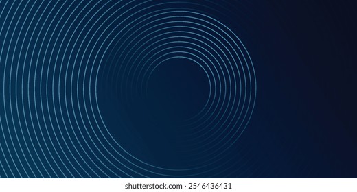 Abstract blue glowing geometric lines on dark blue background. Modern shiny blue circle lines pattern. Futuristic technology concept. Suit for cover, poster, banner, header, website.