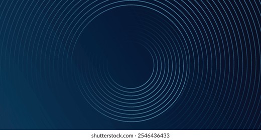 Abstract blue glowing geometric lines on dark blue background. Modern shiny blue circle lines pattern. Futuristic technology concept. Suit for cover, poster, banner, header, website.