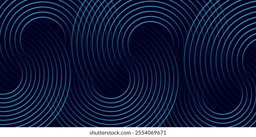 Abstract blue glowing geometric lines on dark blue background. Modern shiny blue circle lines pattern. Futuristic technology concept. Suit for cover, poster, banner, brochure, header, website