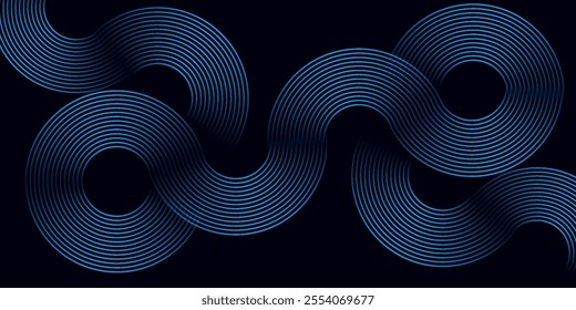 Abstract blue glowing geometric lines on dark blue background. Modern shiny blue circle lines pattern. Futuristic technology concept. Suit for cover, poster, banner, brochure, header, website