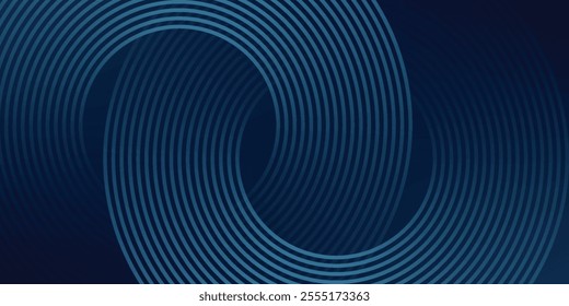 Abstract blue glowing geometric lines on dark blue background. Modern shiny blue circle lines pattern. Futuristic technology concept. Suit for cover, poster, banner, header, website.eps10