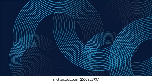 Abstract blue glowing geometric lines on dark blue background. Modern shiny blue circle lines pattern.