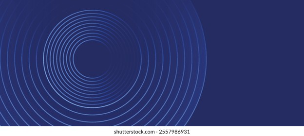 Abstract blue glowing geometric lines on dark blue background. Modern shiny blue circle lines pattern. Futuristic technology concept. Suit for cover, poster, banner, brochure, header, website