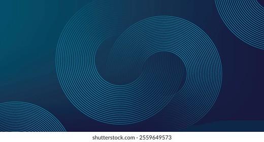 Abstract blue glowing geometric lines on dark blue background. Modern shiny blue circle lines pattern. Futuristic technology concept. Suit for cover, poster, banner, header, website.eps10