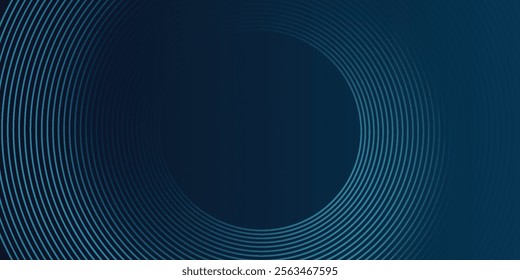 Abstract blue glowing geometric lines on dark blue background. Modern shiny blue circle lines pattern. Futuristic technology concept. Suit for cover, poster, banner, header, website.