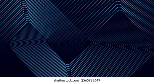 Abstract blue glowing geometric lines on dark background. Modern shiny blue rounded square lines pattern. Futuristic technology concept. Suit for poster, cover, banner, presentation, website, flyer
