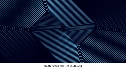 Abstract blue glowing geometric lines on dark background. Modern shiny blue rounded square lines pattern. Futuristic technology concept. Suit for poster, cover, banner, presentation, website, flyer