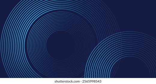 Abstract blue glowing geometric lines on dark blue background. Modern shiny blue circle lines pattern. Futuristic technology concept. Suit for cover, poster,