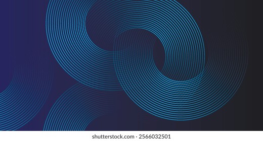 Abstract blue glowing geometric lines on dark blue background. Modern shiny circle lines pattern. Futuristic technology concept. Suit for cover, poster, banner, brochure, header, website vector