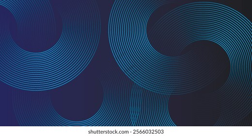 Abstract blue glowing geometric lines on dark blue background. Modern shiny circle lines pattern. Futuristic technology concept. Suit for cover, poster, banner, brochure, header, website vector
