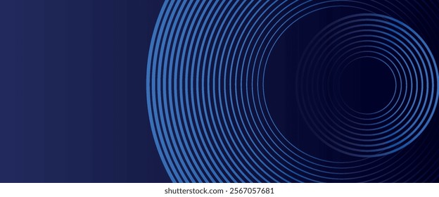 Abstract blue glowing geometric lines on dark blue background. Modern shiny blue circle lines pattern. Futuristic technology concept. 