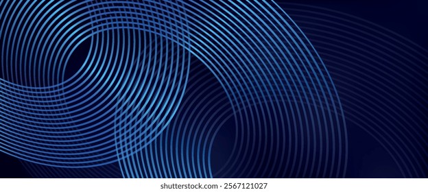 Abstract blue glowing geometric lines on dark blue background. Modern shiny blue circle lines pattern. Futuristic technology concept.