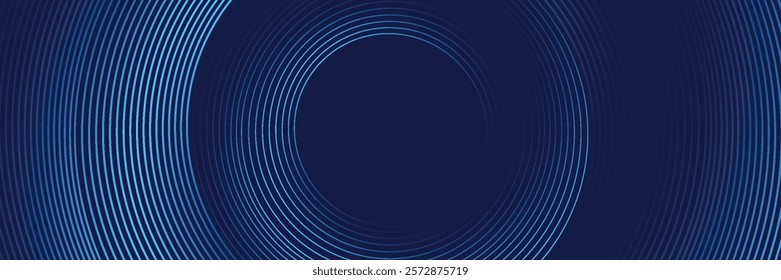 Abstract blue glowing geometric lines on dark blue background. Modern shiny blue circle lines pattern. Futuristic technology concept. Suit for cover, poster, banner, brochure, header, website. eps 10